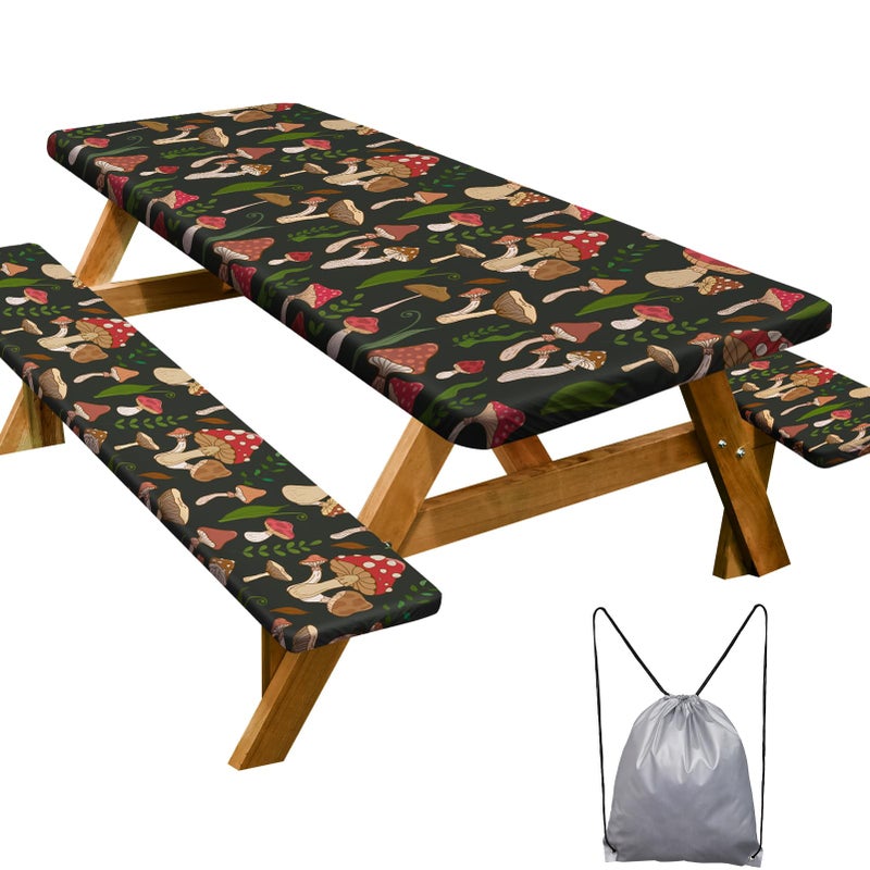 Play Tailor Picnic Table Cover with Bench Covers Camping Essentials Waterproof Windproof Camping Tablecloth with Drawstring Bag  Fitted Rectangle Tables and Seats  72in  Black Red - Image 1